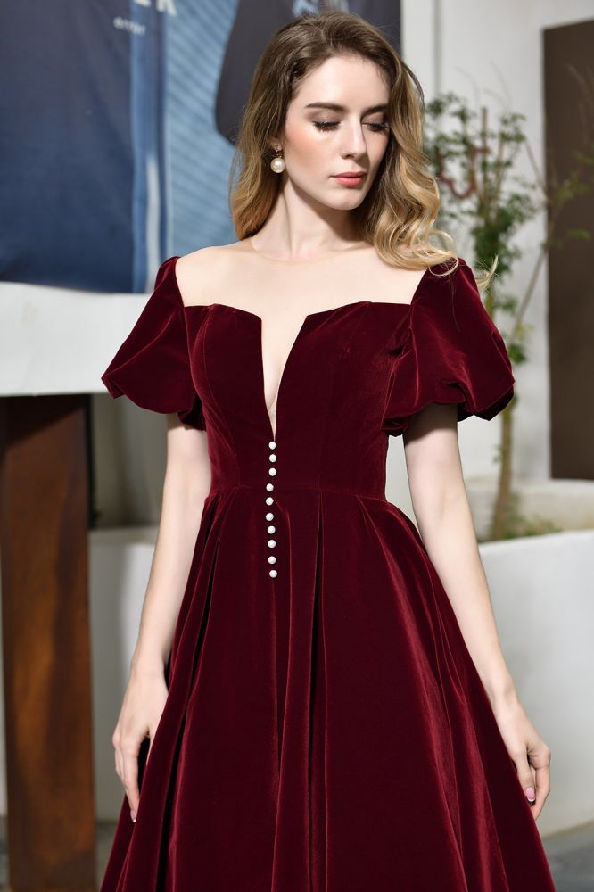 Knöchellanges Samtkleid mit Puffärmeln, tiefem V-Ausschnitt, Vintage-Partykleid