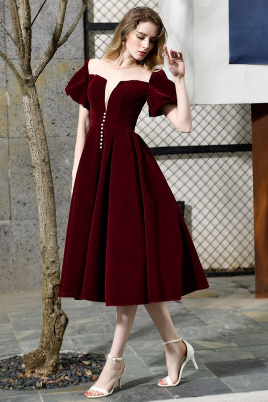 Knöchellanges Samtkleid mit Puffärmeln, tiefem V-Ausschnitt, Vintage-Partykleid