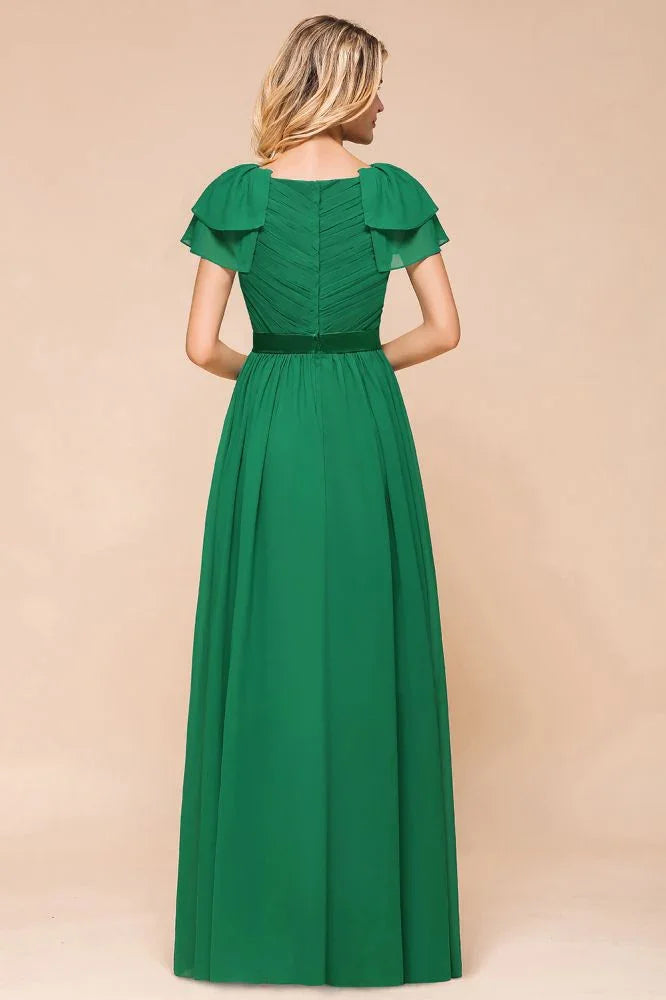 Abito da damigella con maniche a sbuffo e lunghezza fino al pavimento, abito a linea ad A per invitata a matrimonio