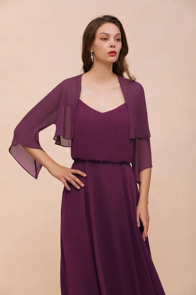 Robe de demoiselle d'honneur violette avec châles, bretelles fines, robe décontractée longue jusqu'au sol