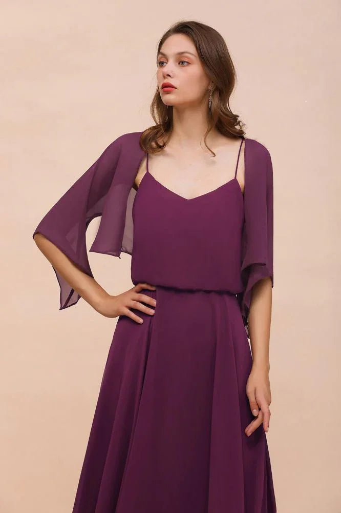 Robe de demoiselle d'honneur violette avec châles, bretelles fines, robe décontractée longue jusqu'au sol