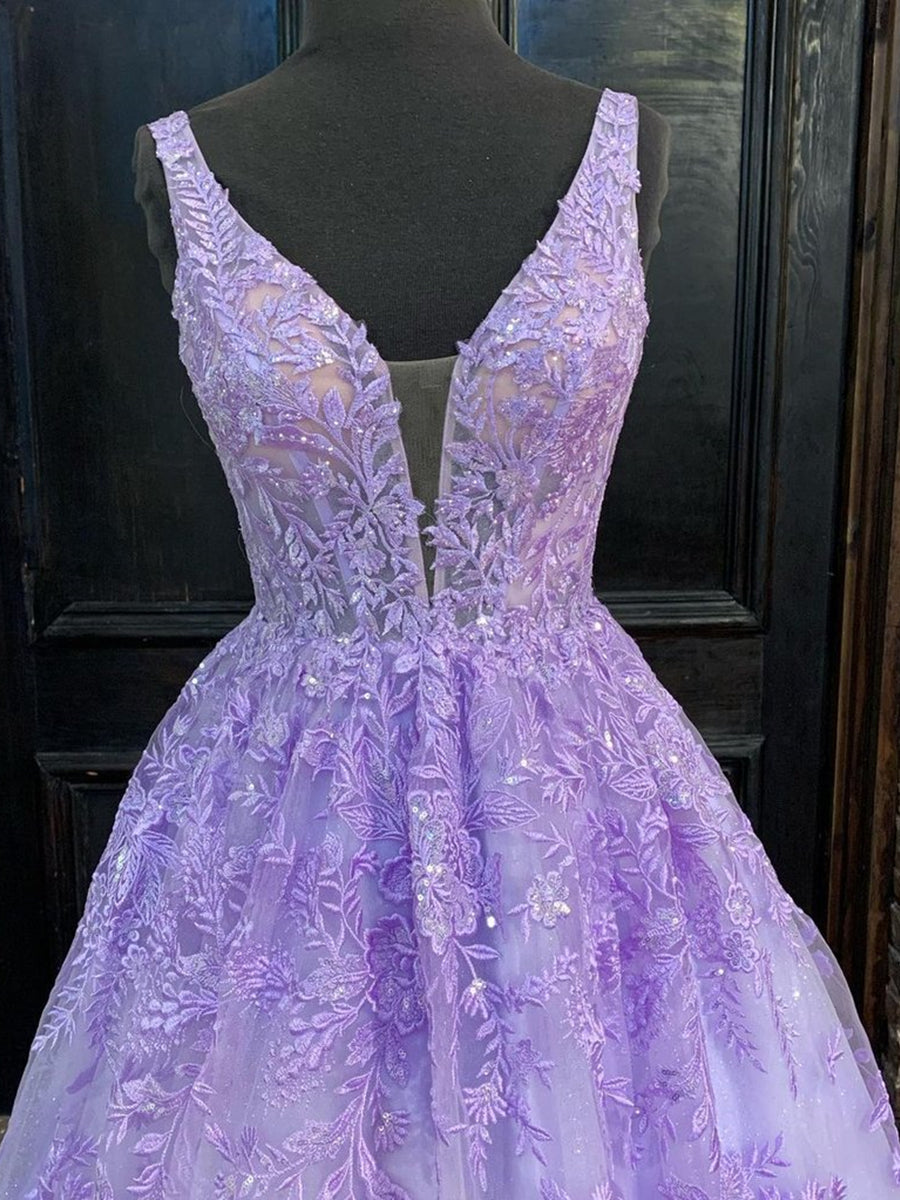 Robe longue violette en tulle à jupe évasée, col en V, en dentelle, pour bal, cérémonie de remise des diplômes et soirée formelle
