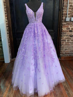 Robe longue violette en tulle à jupe évasée, col en V, en dentelle, pour bal, cérémonie de remise des diplômes et soirée formelle
