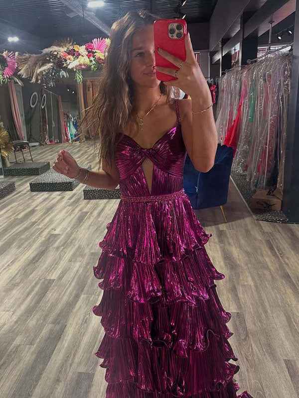 Fuchsia Metallic A Line Ruffle Tiered Spaghetti Strap Prom Dress