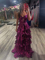 Fuchsia Metallic A Line Ruffle Tiered Spaghetti Strap Prom Dress