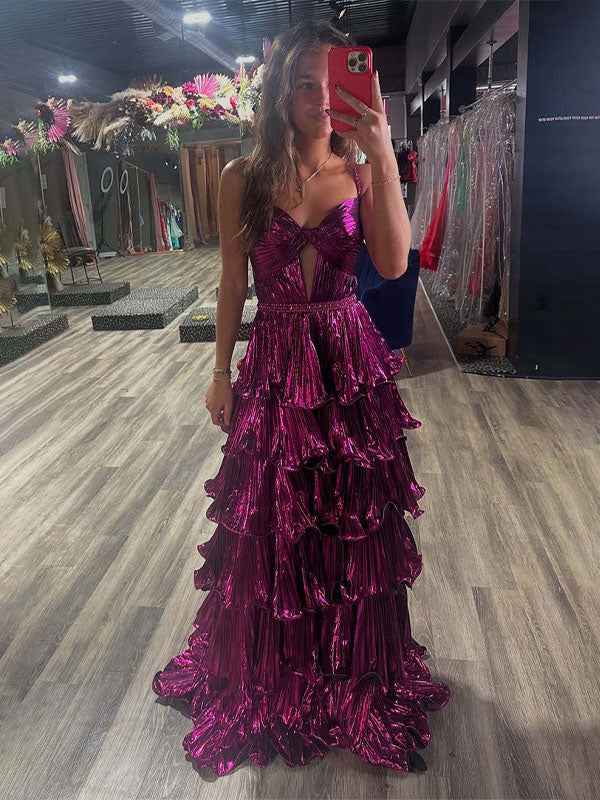 Fuchsia Metallic A Line Ruffle Tiered Spaghetti Strap Prom Dress