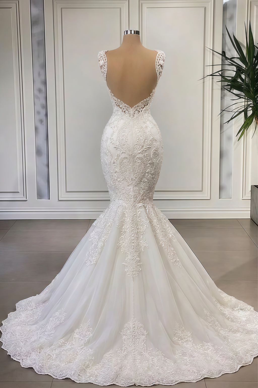 Bmbridal Lace Mermaid Wedding Dress Sleeveless With Sweetheart Neckline Train