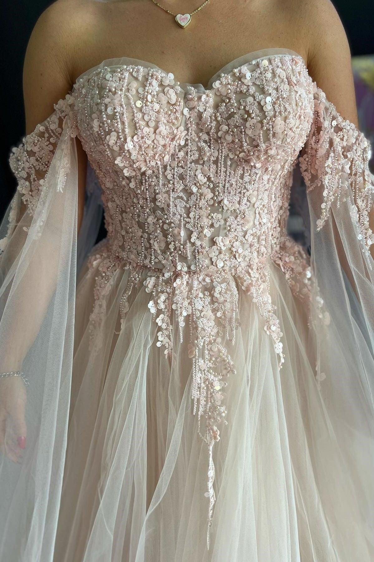 Ralap | Robe de bal à épaules dénudées en dentelle florale 3D rose blush