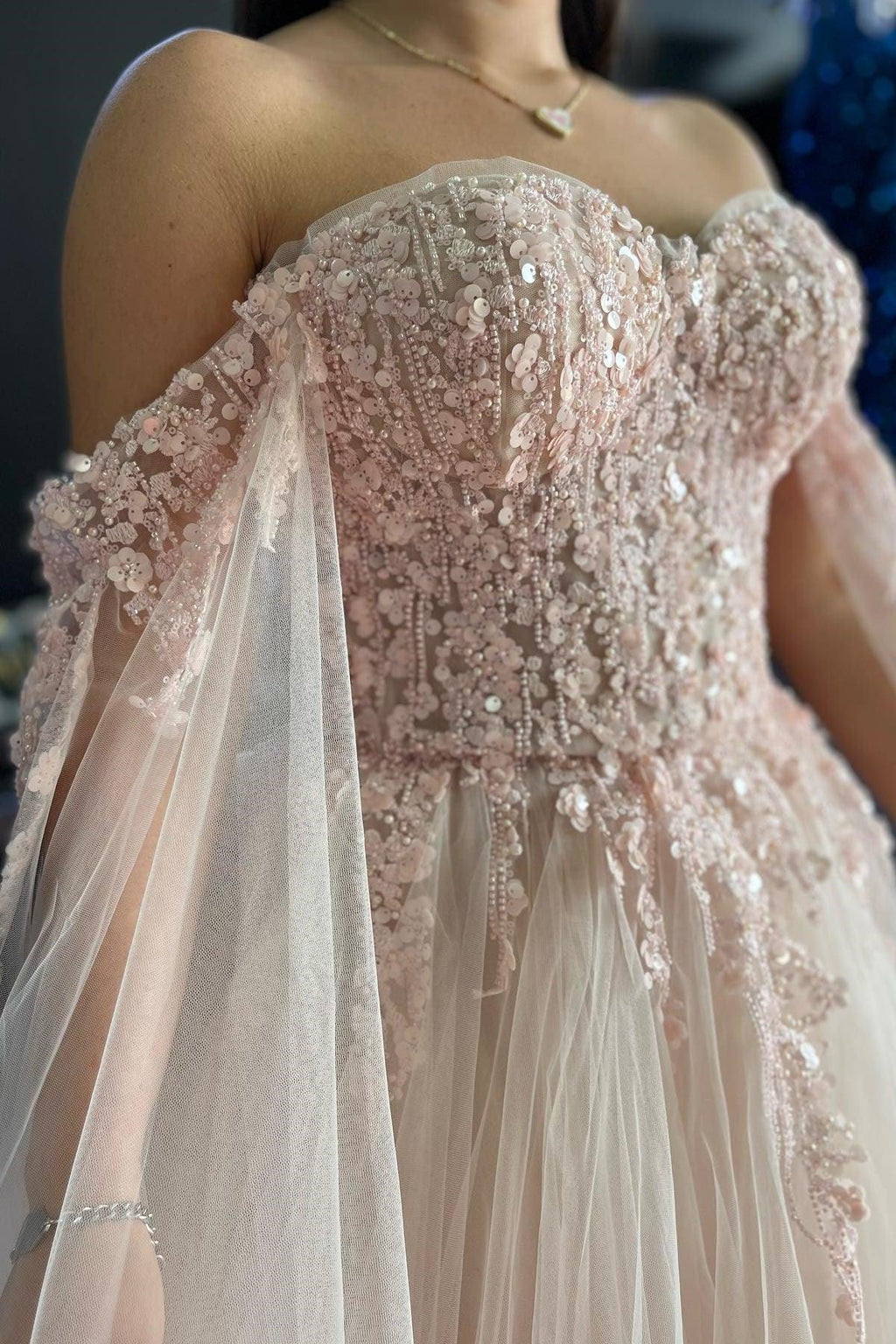 Ralap | Robe de bal à épaules dénudées en dentelle florale 3D rose blush