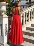 Rotes A-Linien-Kleid mit V-Ausschnitt, bodenlangem Chiffon, rückenfrei, lang, für Abschlussball, formelle Abendkleider