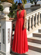 Rotes A-Linien-Kleid mit V-Ausschnitt, bodenlangem Chiffon, rückenfrei, lang, für Abschlussball, formelle Abendkleider