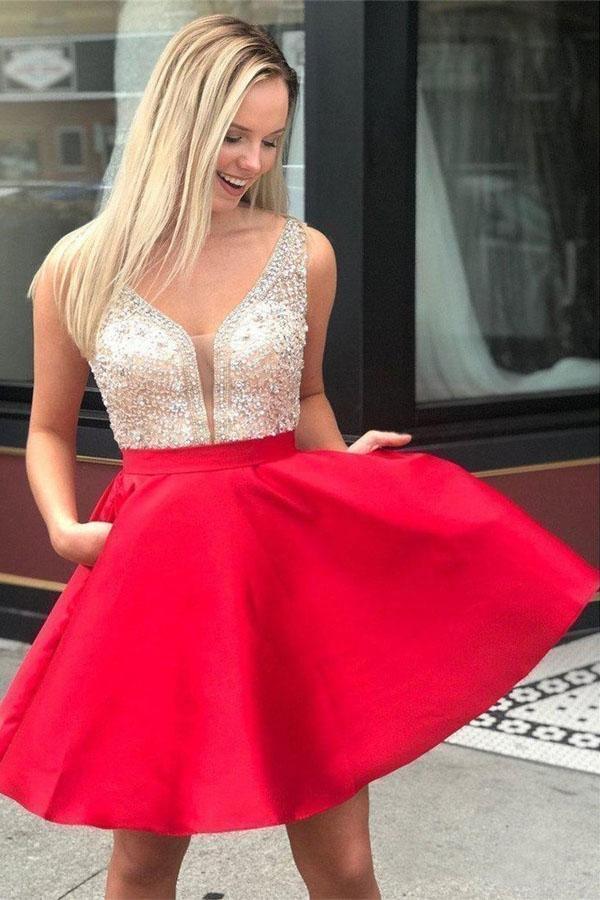 Red Beaded Satin Homecoming Dresses with Pocket Short Prom Dresses