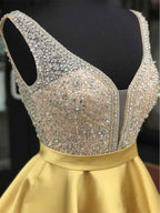 Red Beaded Satin Homecoming Dresses with Pocket Short Prom Dresses
