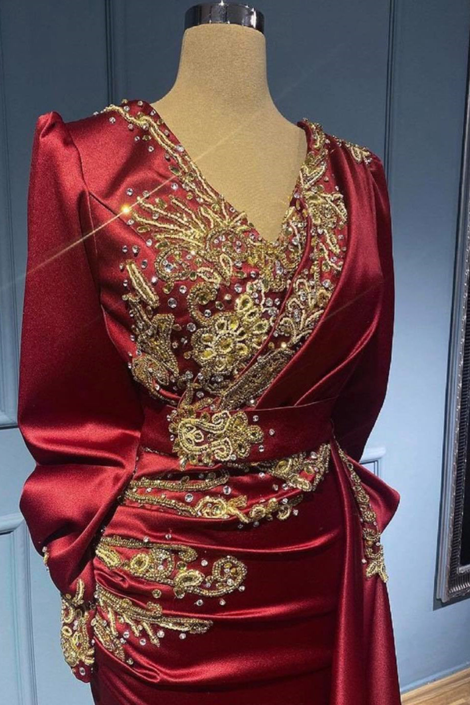 Red evening dresses with sleeves elegant floor-length prom dresses