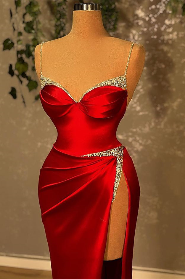 Red Long Glitter Sleeveless Evening Dresses With Side Slit