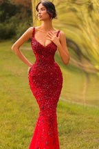 Red Mermaid Evening Gown With Allover 3D Crystal Beading And Sweep Train