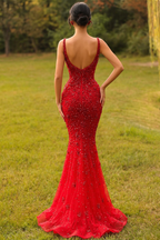 Red Mermaid Evening Gown With Allover 3D Crystal Beading And Sweep Train