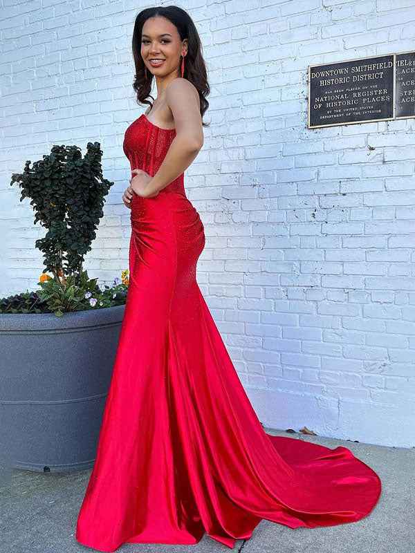 Emerald Green Mermaid Strapless Corset Beaded Prom Dress With Slit And Ruched Waist