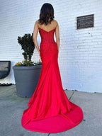 Emerald Green Mermaid Strapless Corset Beaded Prom Dress With Slit And Ruched Waist