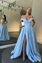 Red Satin A-Line Off Shoulder Evening Gown With Deep V Neck