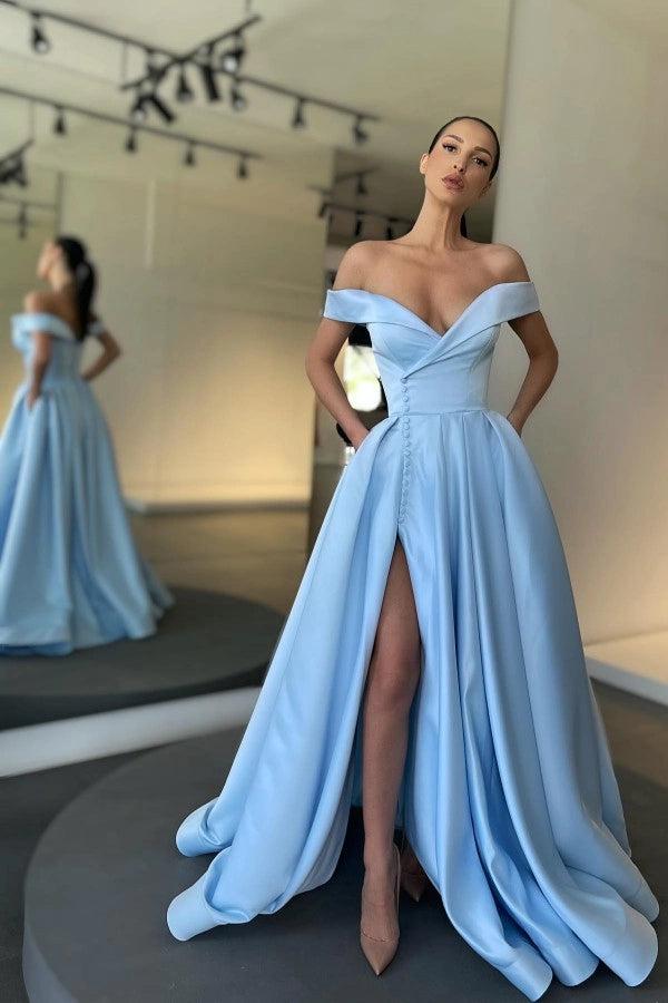 Red Satin A-Line Off Shoulder Evening Gown With Deep V Neck
