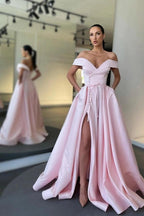 Red Satin A-Line Off Shoulder Evening Gown With Deep V Neck