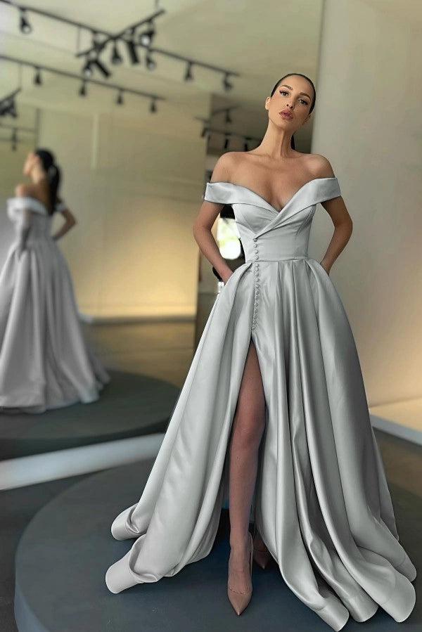 Red Satin A-Line Off Shoulder Evening Gown With Deep V Neck