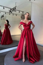 Red Satin A-Line Off Shoulder Evening Gown With Deep V Neck
