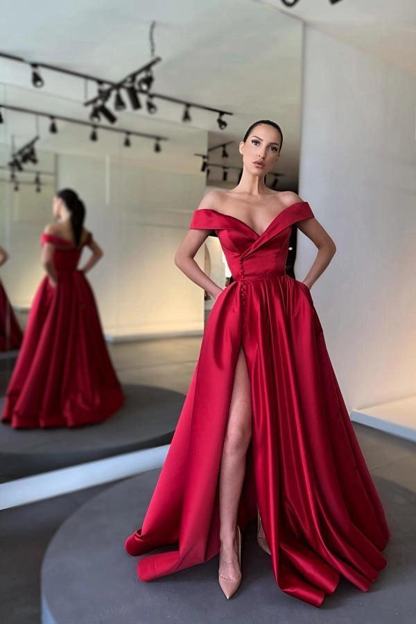Red Satin A-Line Off Shoulder Evening Gown With Deep V Neck