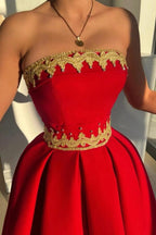 Red Satin Strapless Tea Length Evening Gown With Gold Appliques