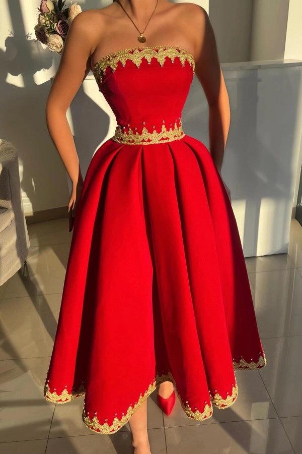Red Satin Strapless Tea Length Evening Gown With Gold Appliques