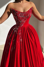 Red Satin Ball Gown Prom Dress Strapless Sweetheart Crystal Beaded Floral