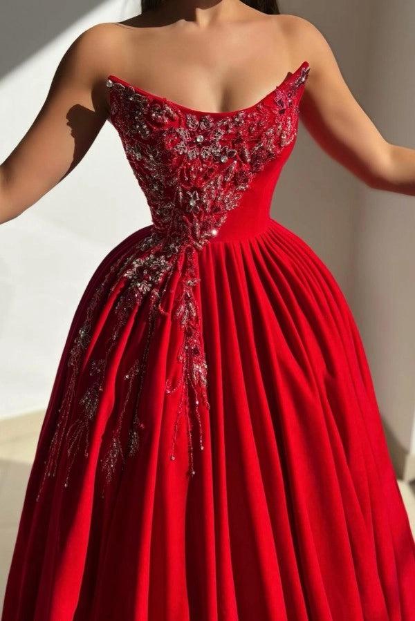 Red Satin Ball Gown Prom Dress Strapless Sweetheart Crystal Beaded Floral