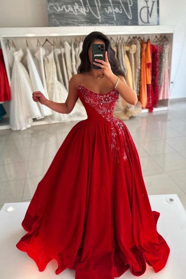 Red Satin Ball Gown Prom Dress Strapless Sweetheart Crystal Beaded Floral