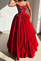 Red Satin Ball Gown Prom Dress Strapless Sweetheart Crystal Beaded Floral