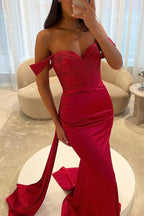 Red Satin Mermaid Evening Gown Off Shoulder Ruched Drape Back