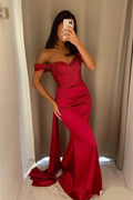 Red Satin Mermaid Evening Gown Off Shoulder Ruched Drape Back
