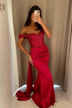 Red Satin Mermaid Evening Gown Off Shoulder Ruched Drape Back