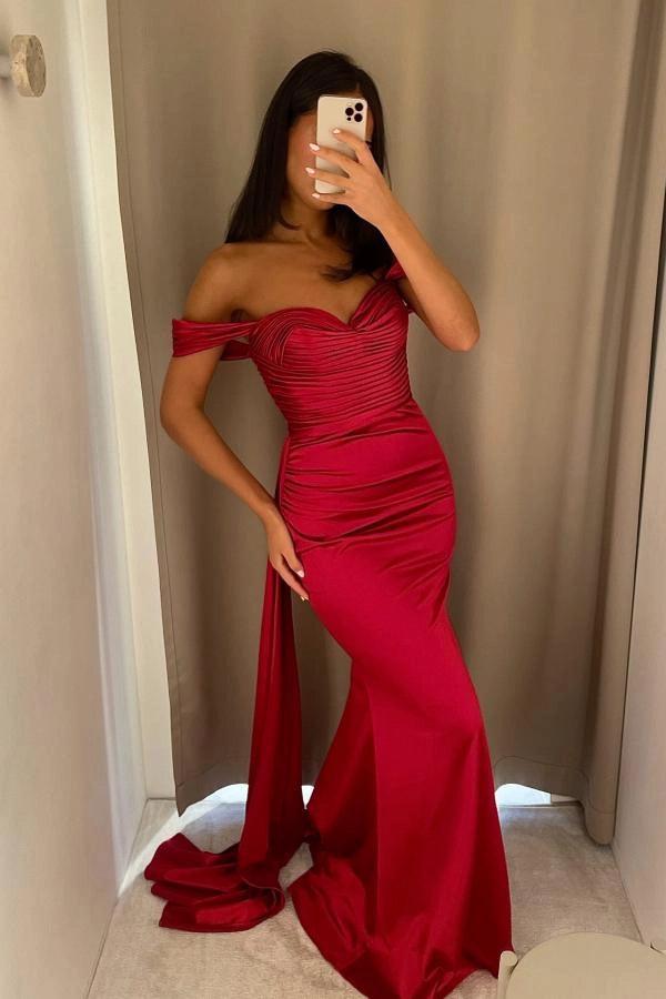Red Satin Mermaid Evening Gown Off Shoulder Ruched Drape Back