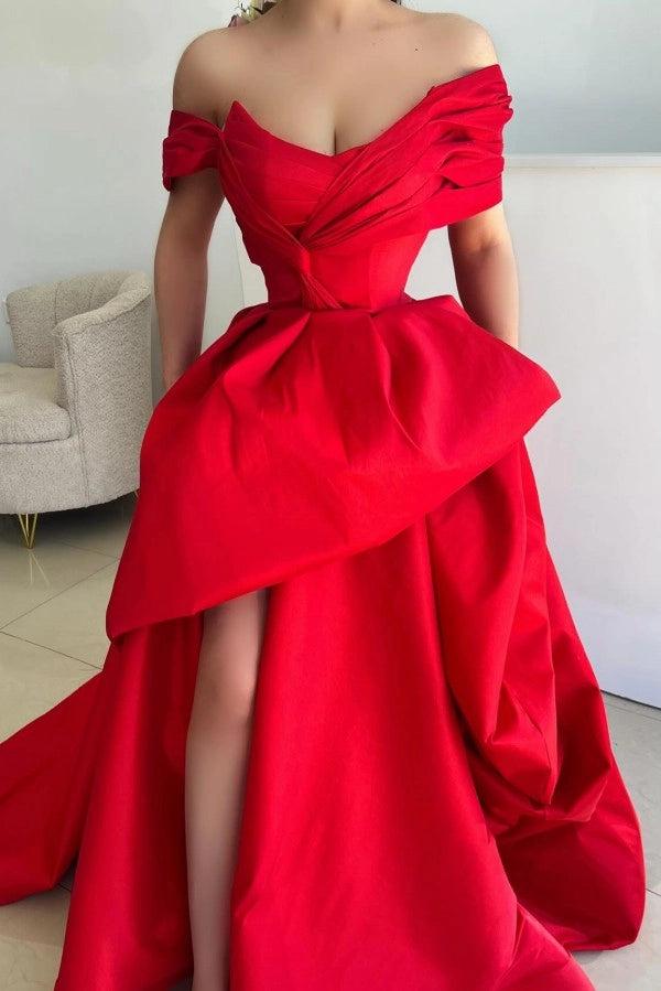 Red Satin Off The Shoulder Prom Dress With Knot Bodice And Peplum Ruffle
