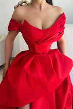Red Satin Off The Shoulder Prom Dress With Knot Bodice And Peplum Ruffle