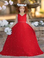 Floor Length V Neck Satin Tulle Princess Flower Girl Dress