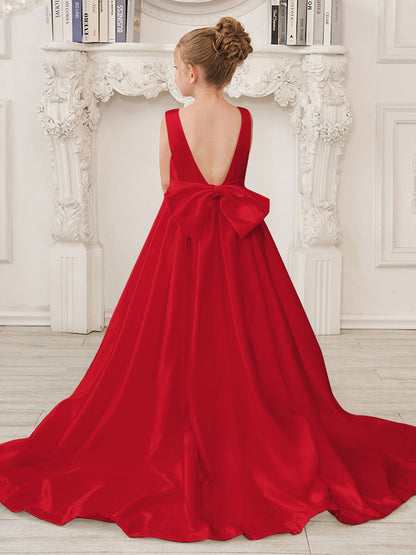 Robe de demoiselle d'honneur en satin sans manches de princesse coupe A avec traîne et nœud 
