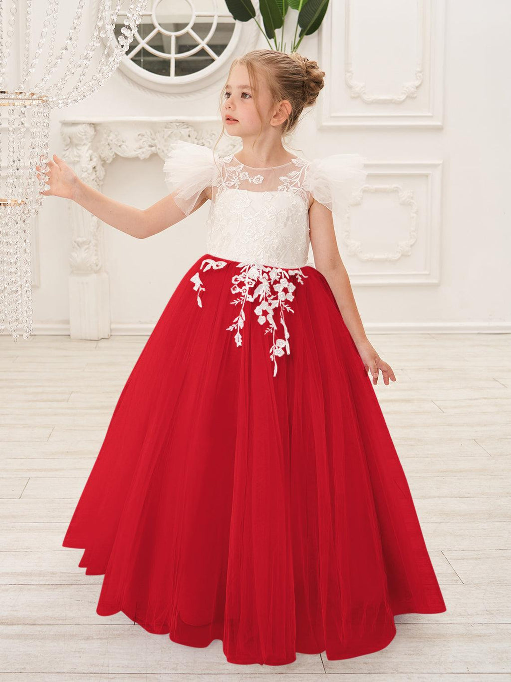 Detachable Lace Tulle Flower Girl Dress With Bow And Sweep Train