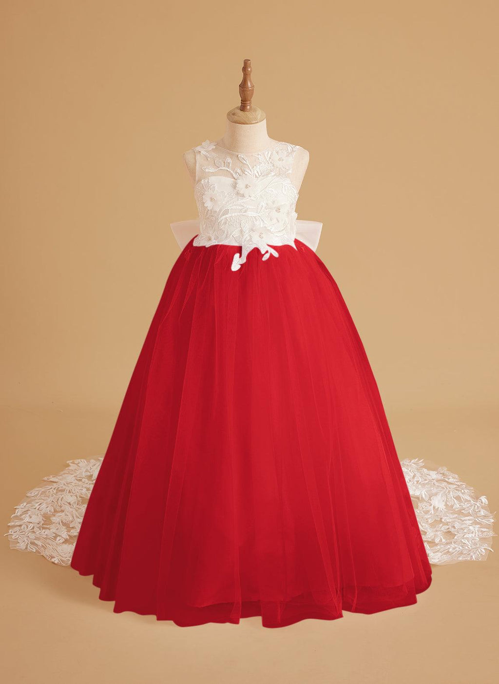 Sleeveless Princess Flower Girl Dress With Detachable Train And Beaded Lace