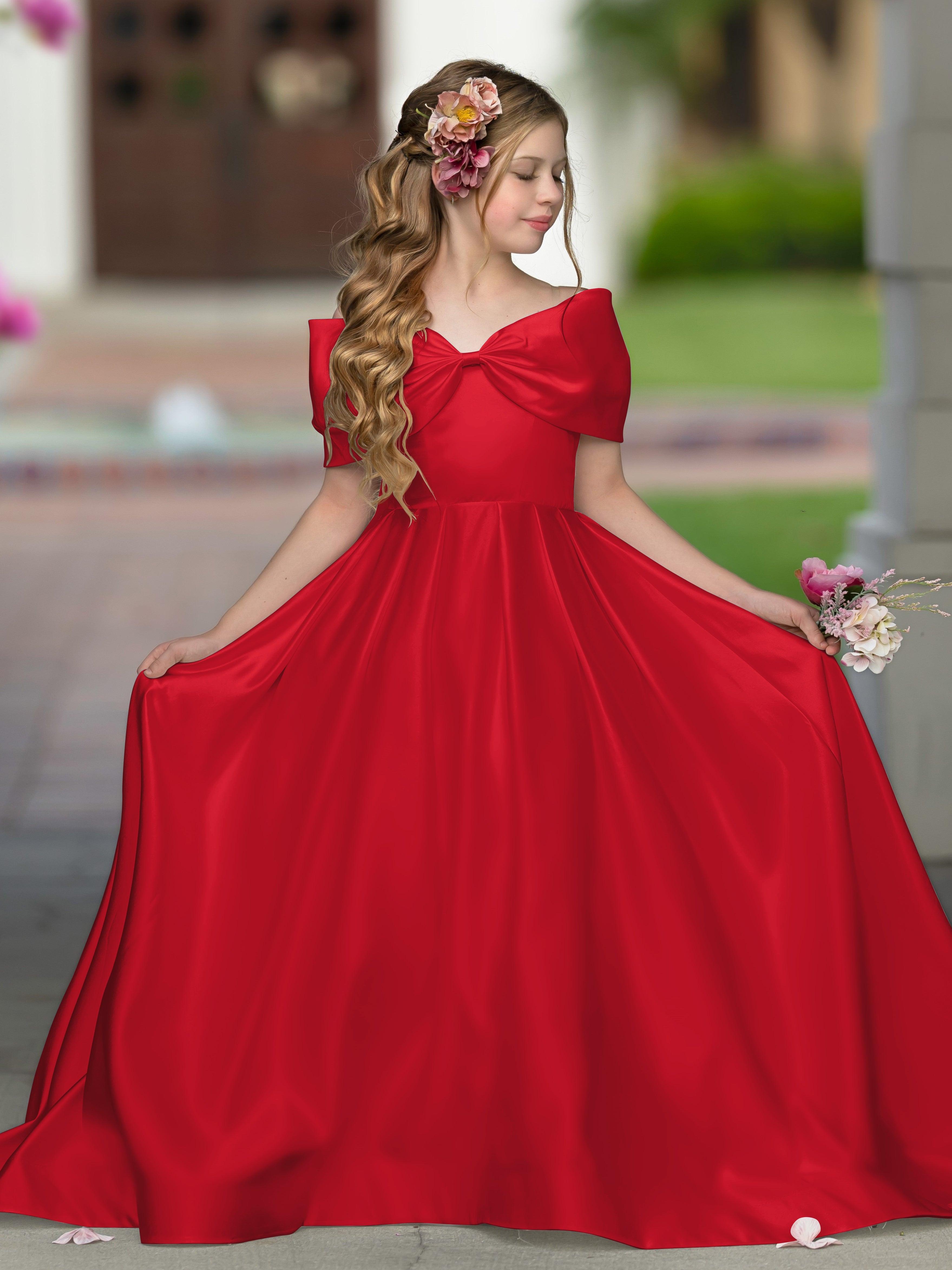 Ivory Satin Flower Girl Princess Ball Gown With Sweep Train And Bow Trim