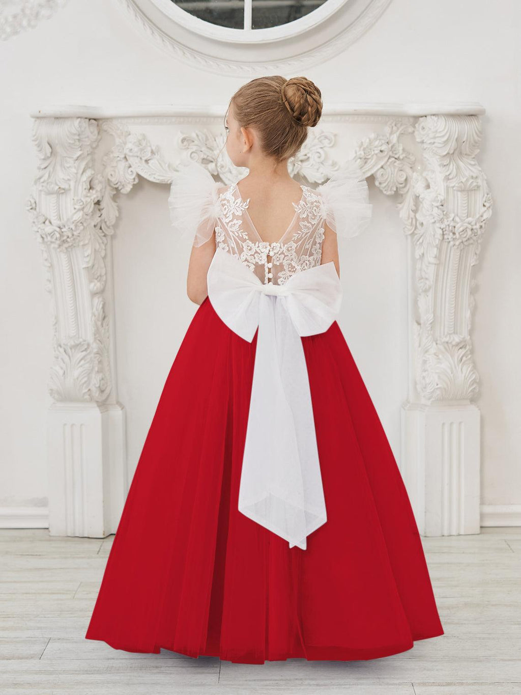 Detachable Lace Tulle Flower Girl Dress With Bow And Sweep Train