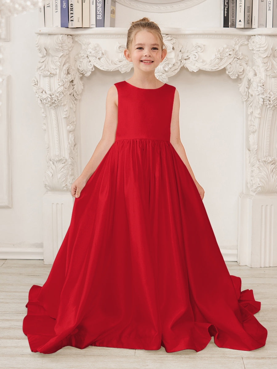 Robe de demoiselle d'honneur en satin sans manches de princesse coupe A avec traîne et nœud 