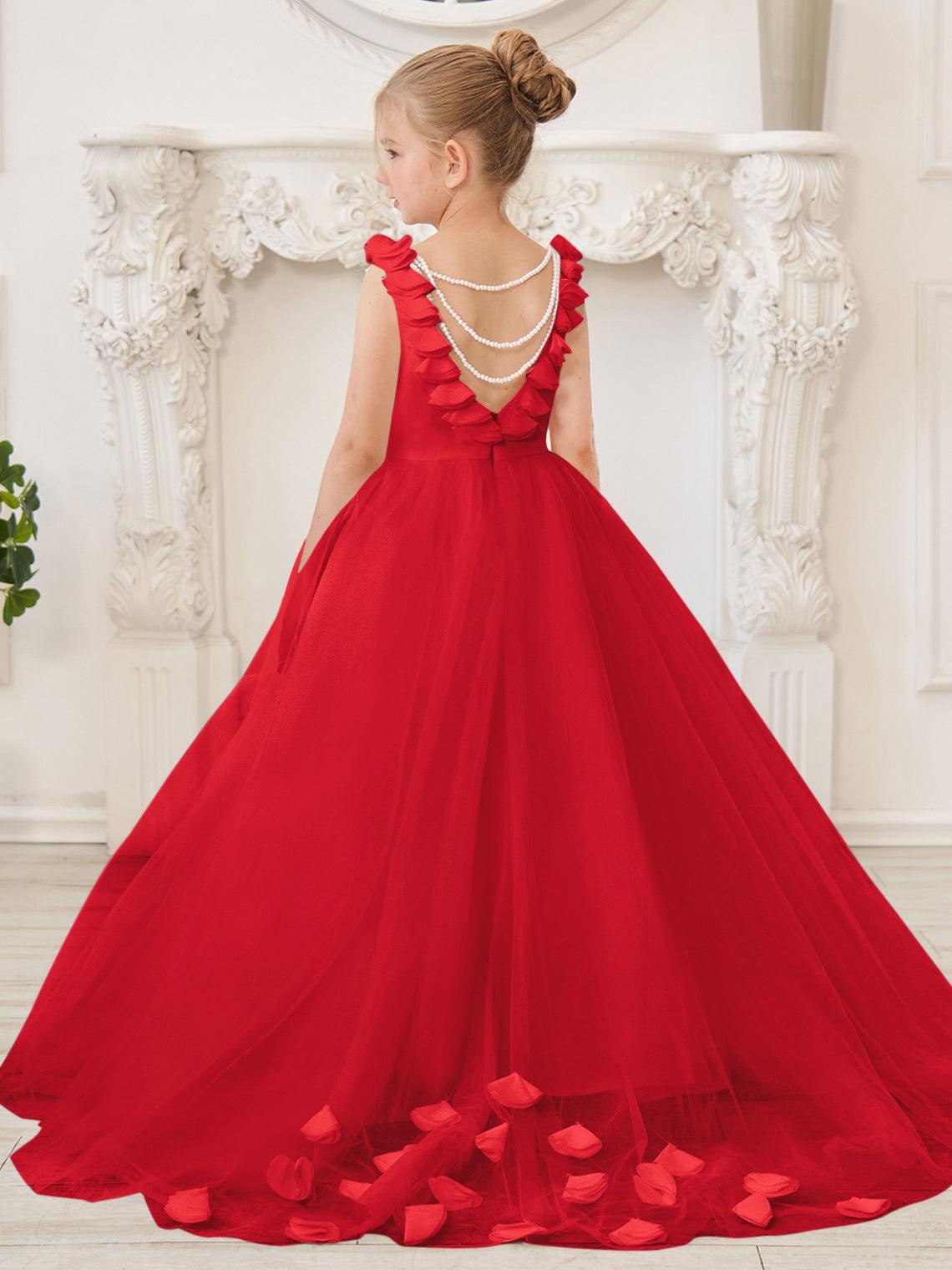 Elegant White Tulle Flower Girl Applique Lace Dress With Sweep Train