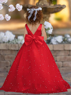 Floor Length V Neck Satin Tulle Princess Flower Girl Dress
